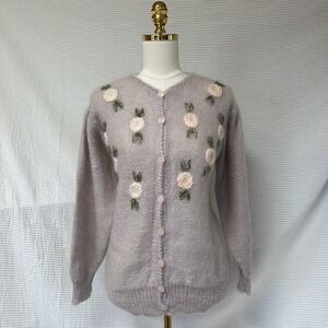 Women Purple Fuzzy Knit Button Up Cardigan Crochet Flower Appliqués Cottage L